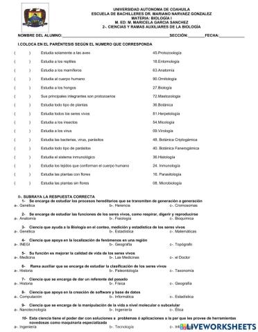 Ciencias y ramas auxiliares de la biología