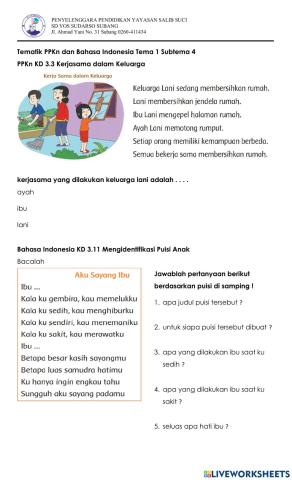 Latihan PPKn dan Bahasa Indonesia Subtema 4-Aku Istimewa