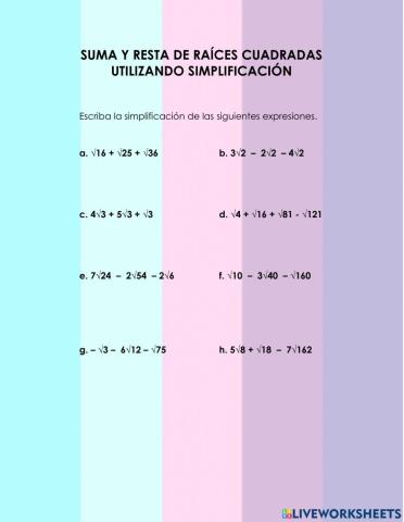 Suma y resta de raíces cuadradas utilizando simplificación