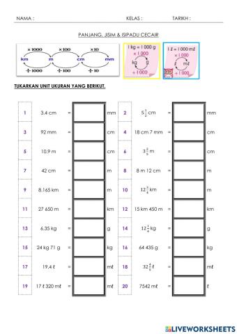 Tukar unit panjang, jisim, isipadu