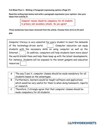 Full blast Unit 4 Writing opinion paragraph