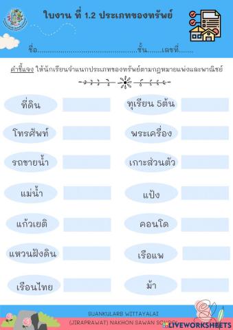 ใบงานที่ 1.2 ประเภทของทรัพย์