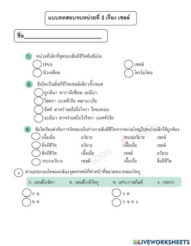 สอบจบหน่วยที่ 1 เรื่อง เซลล์