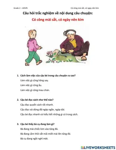 Câu hỏi trắc nghiệm Có công mài sắt, có ngày nên kim
