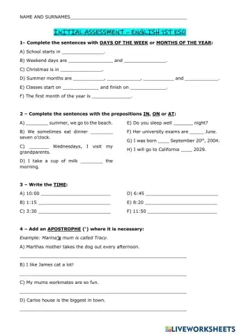 Initial assessment - level test 1eso