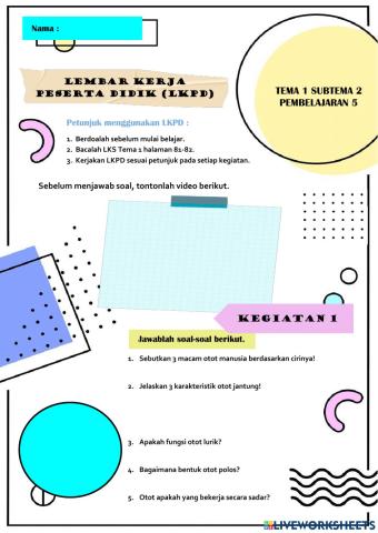 LKPD Otot Manusia Kelas 5 Tema 1 Subtema 2 Pembelajaran 5