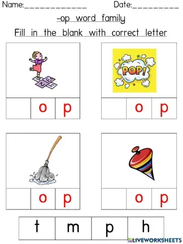 -op word family (Fill in the blank with correct letter)