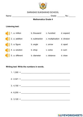 Listening and writing test Grade 4