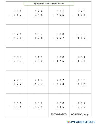 Ejercicios de resta prestando.