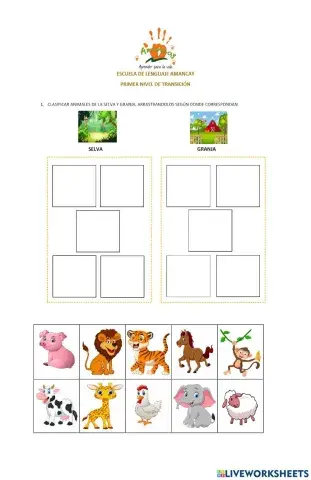 Clasificar animales de la granja y selva