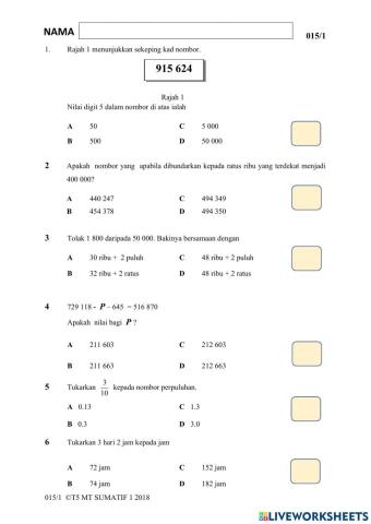 Ujian Sumatif Matematik Kertas 1-Bhg 1