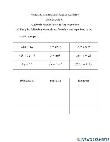 Algebra Quiz B