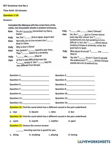 KET Unit 1 Grammar test 2