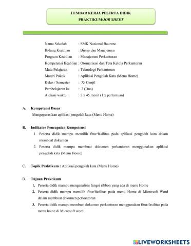 LKPD Praktikum Teknologi Perkantoran - Aplikasi Pengolah Kata - menu Home