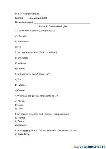Avaliação de inglês 3º ano