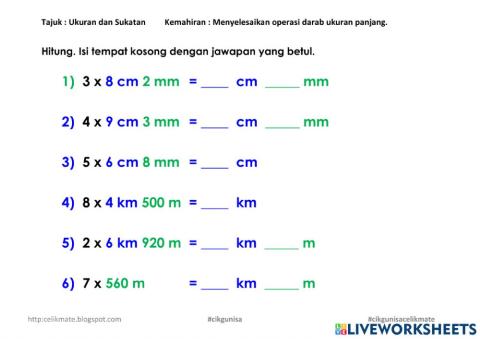 Mendarab ukuran panjang melibatkan km dan m, cm dan mm