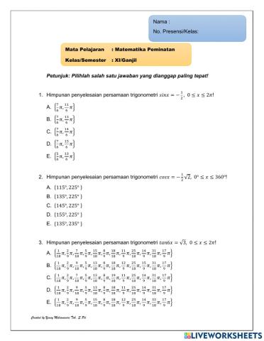 Persamaan Trigonometri bentuk sinx-a, cosx-a, tanx-a