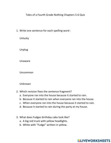 Tales of a Fourth Grade Nothing Chapters 5-6 Quiz