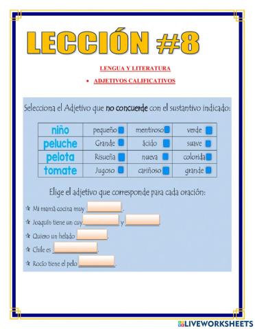Adjetivo calificativo y partes de la oración.