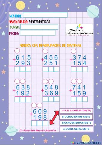 Adición con reagrupación de centenas-centro educativo torremolinos