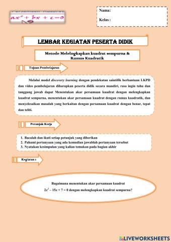 Melengkapkan Kuadrat Sempurna & Rumus Kuadratik