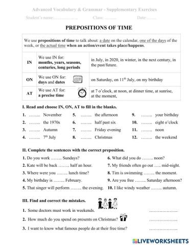 Prepositions of time: IN - ON - AT