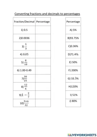 Matching Activity Converting to Percentages