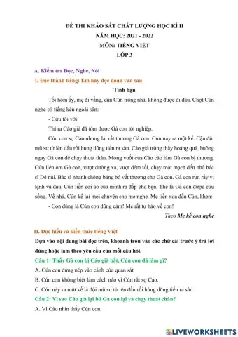 Đề kiểm tra HKII môn Tiếng Việt lớp 3