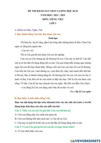 Đề kiểm tra HKII môn Tiếng Việt lớp 3