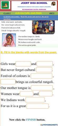 OUR CULTURE, OUR PRIDE ,Unit 9 class 5 from English textbook SUNSHINE JCERTComprehension check