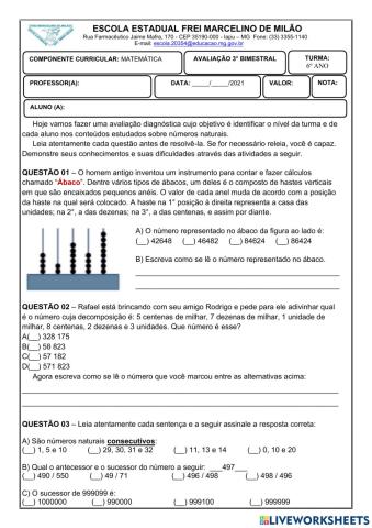 Avaliação diagnóstica - 6° ano
