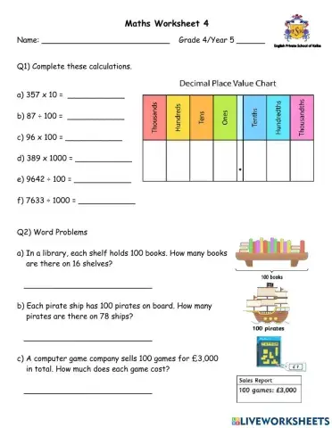 Multiplying and dividing whole numbers by a multiple of 10, 100 and 1000