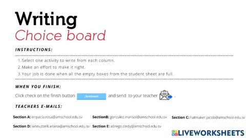 Writing choice board