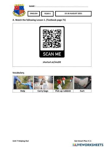 ENG Y4 Week 28 (22-26 AUG) Worksheets 1 Textbook page 71