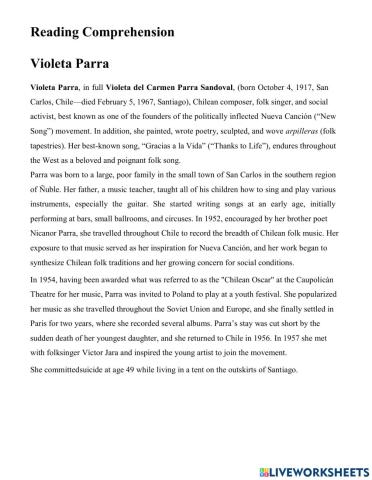 Reading comprehension Violeta Parra - Biography
