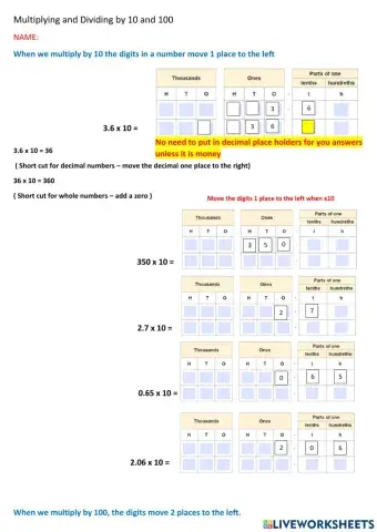 Multiplying and Dividing  by 10 and 100 Scaffolding Set 2