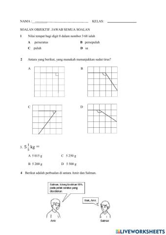 PENTAKSIRAN MATEMATIK TAHUN 6  KERTAS 1