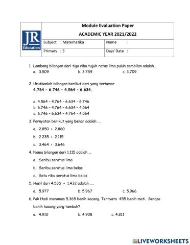 Evaluasi modul 1 matematika kelas 3
