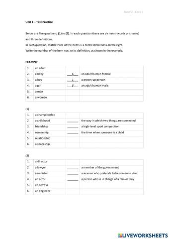 Band 2 (Core 1) - Unit 1 - Test