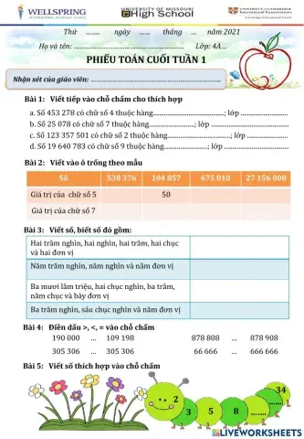 Toán - phiếu cuối tuần 1