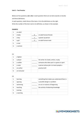 Band 2 (Core 1) - Unit 2 - Test