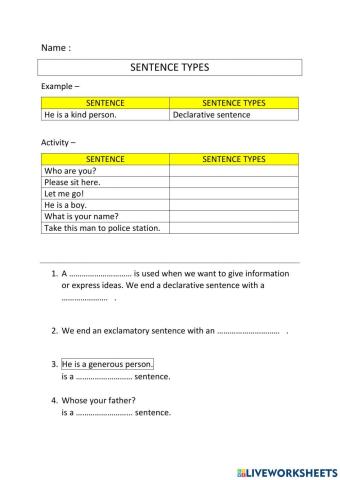 Sentence Types Fill in the blanks.