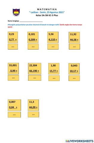 Penjumlahan Pecahan Desimal