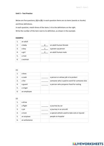 Band 2 (Core 1) - Unit 5 - Test