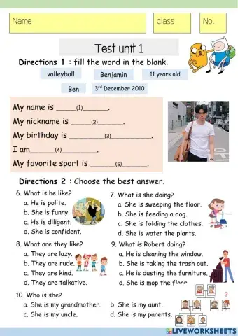 Worksheet Test 1 Grade 5