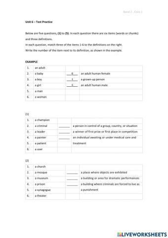Band 2 (Core 1) - Unit 6 - Test