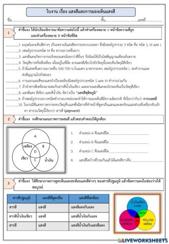ใบงาน เรื่อง แสงสีและการมองเห็นแสงสี