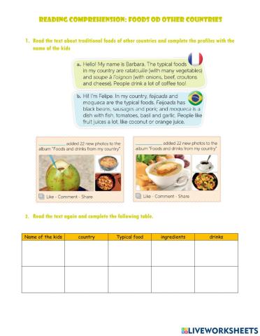 Reading comprehension food