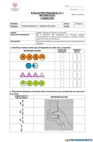 Prueba de números mixtos y números fraccionarios