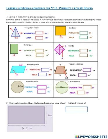 Lenguaje algebraico, ecuaciones con N° Q - Perímetro y área de figuras